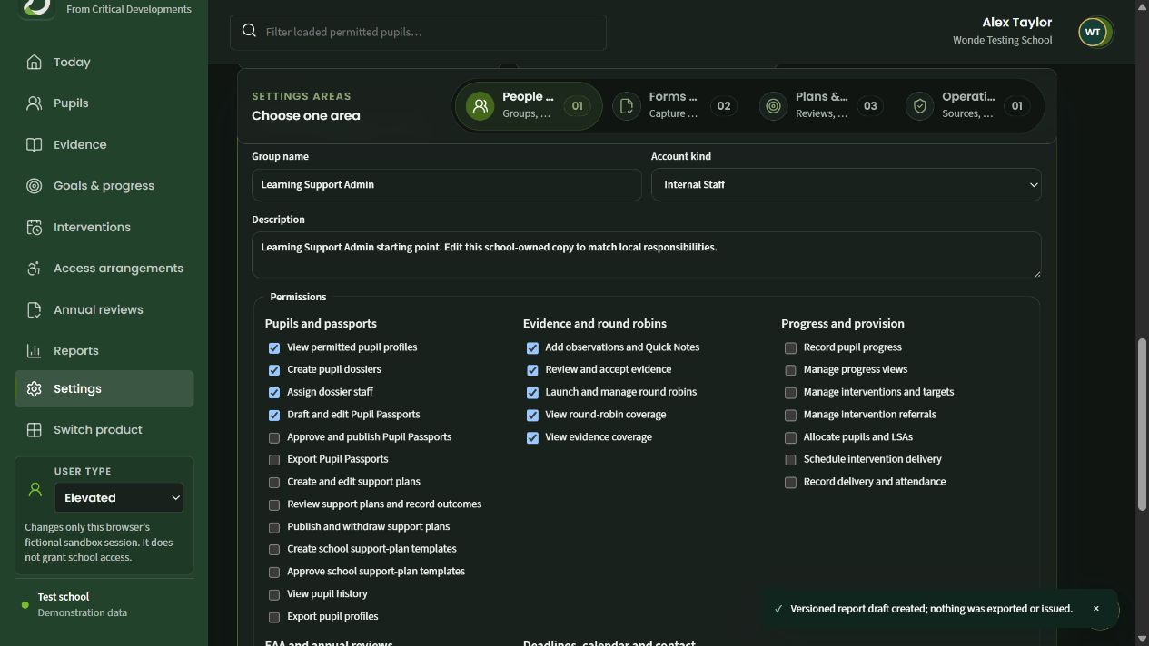 An editable permission checklist for a Learning Support Admin staff group.