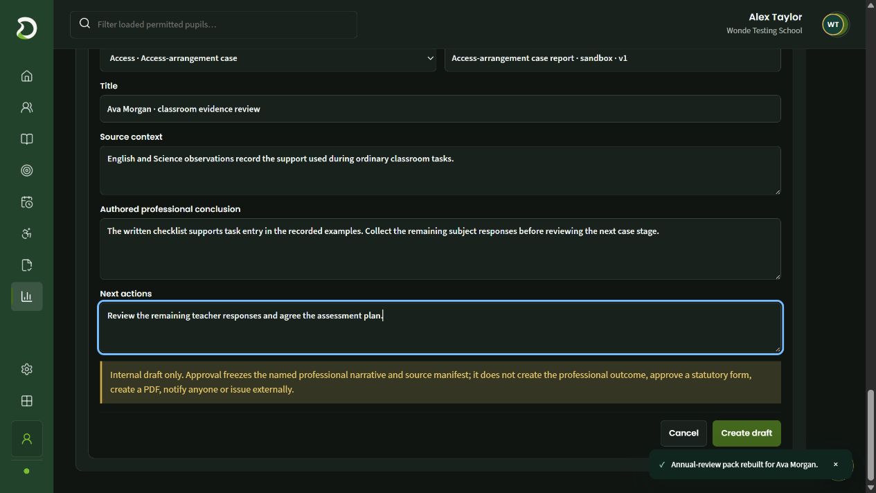 A report draft records source context, conclusions and next actions.