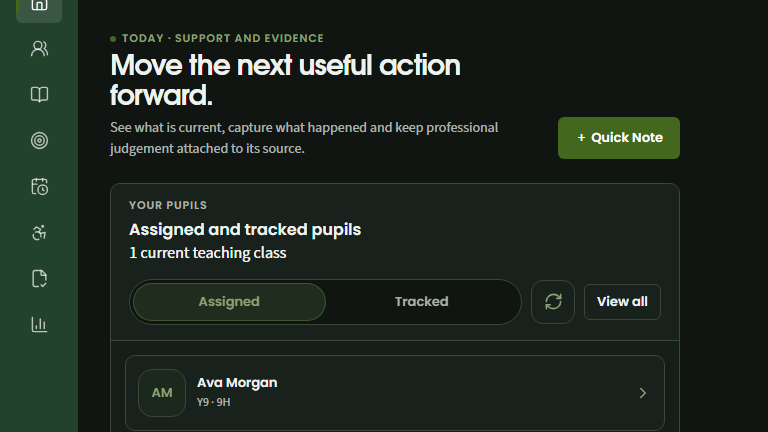 DAS Board dark-mode Today view showing fictional assigned pupils and current support work.