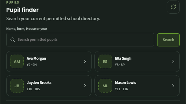 DAS Board dark-mode pupil finder showing four fictional permitted pupils.