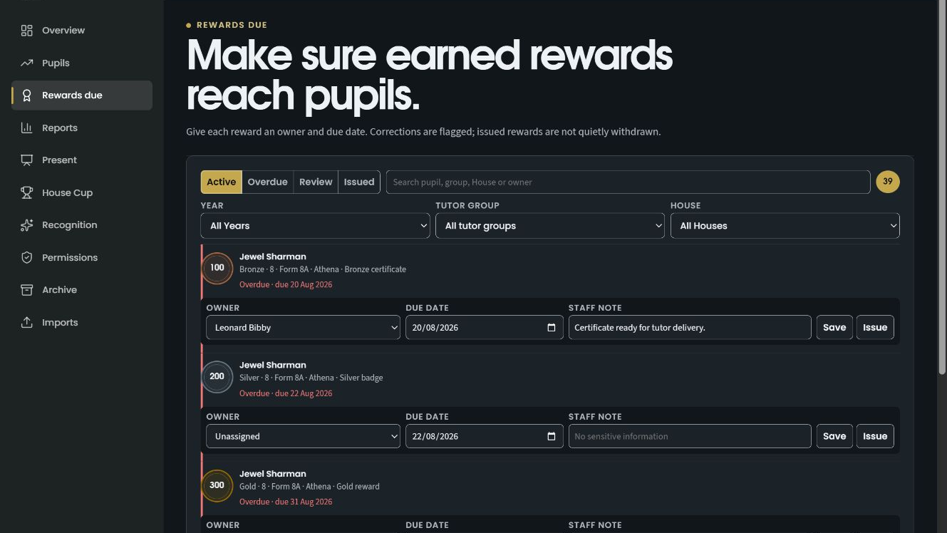 HP Source dark-mode rewards queue with an owner staged for assignment.