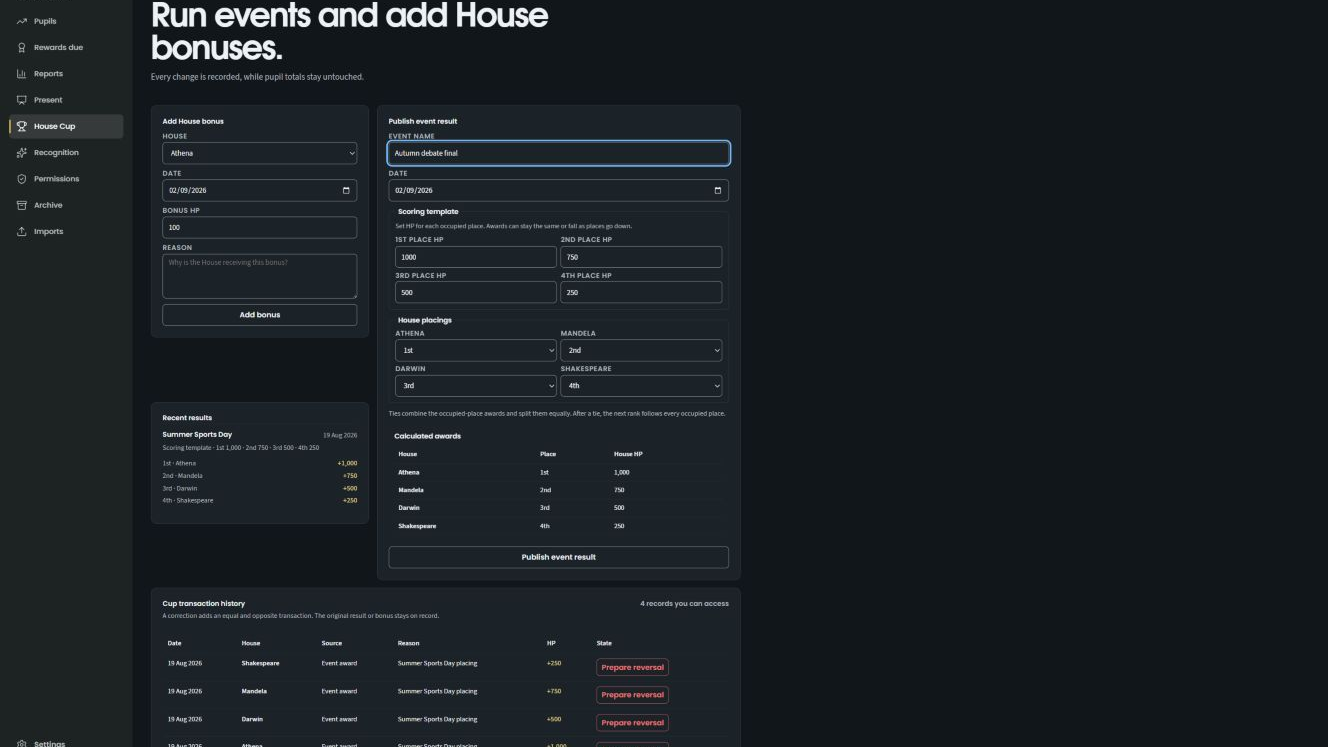 HP Source dark-mode House Cup event form with calculated awards and reversal history.