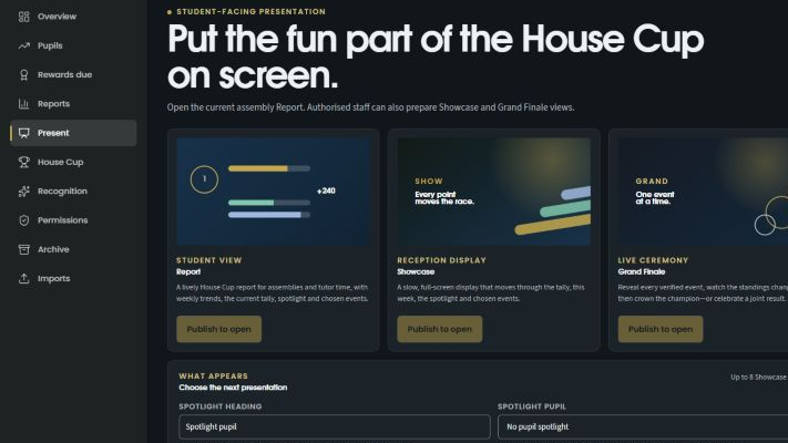 HP Source dark-mode presentation builder with Report, Showcase and Grand Finale formats.