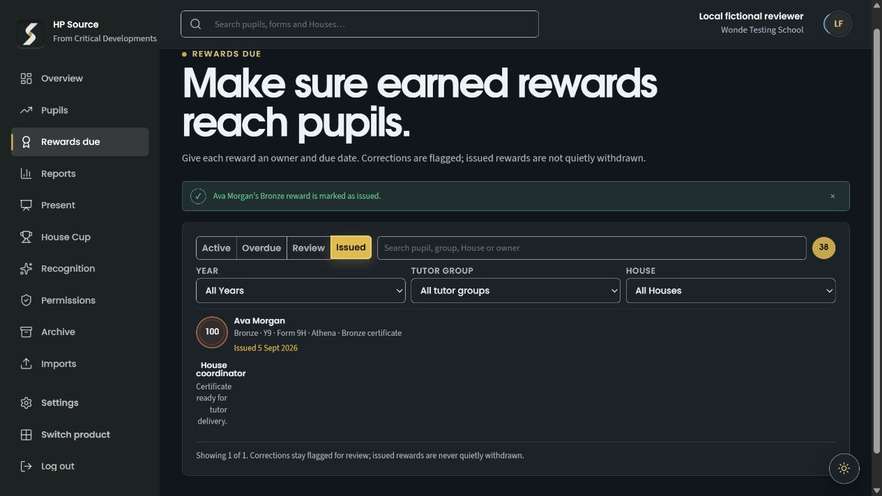 Ava Morgan’s Bronze reward is marked as issued in Rewards Due.