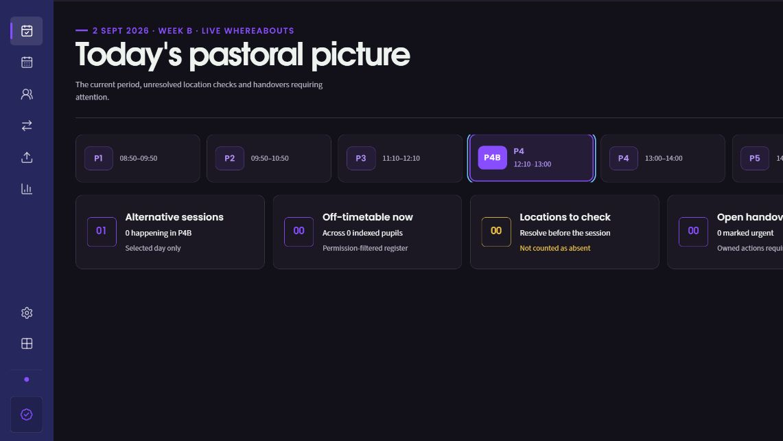 PASSport dark-mode live period view with a selected class and current status tiles.