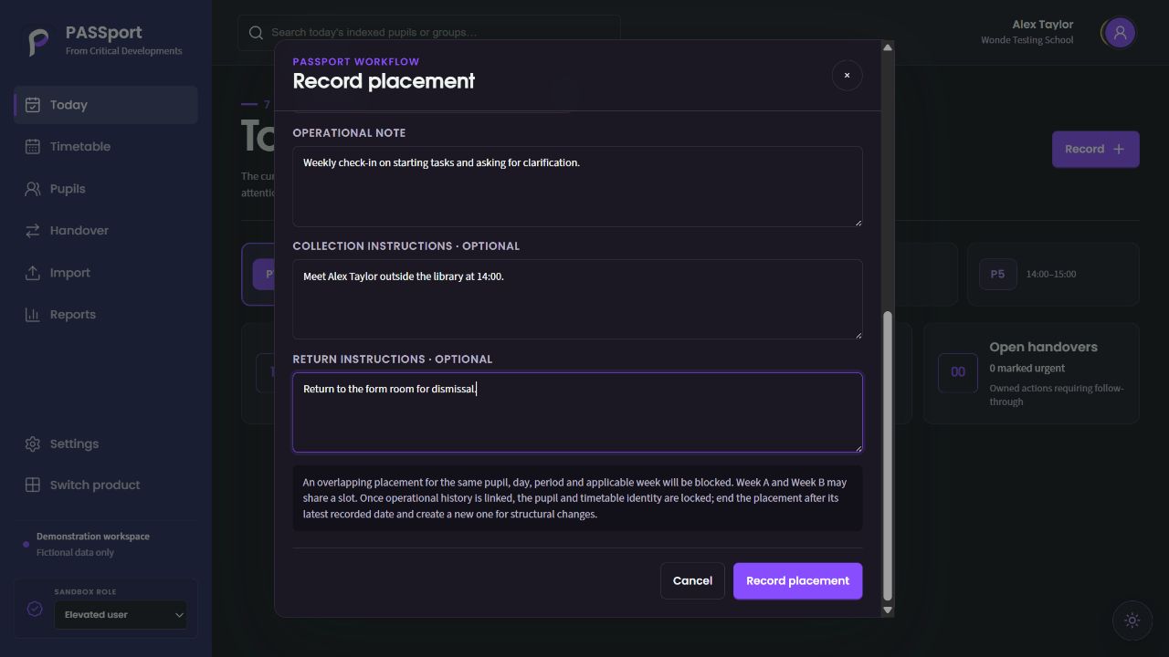 Collection and return instructions are recorded with the mentoring placement.