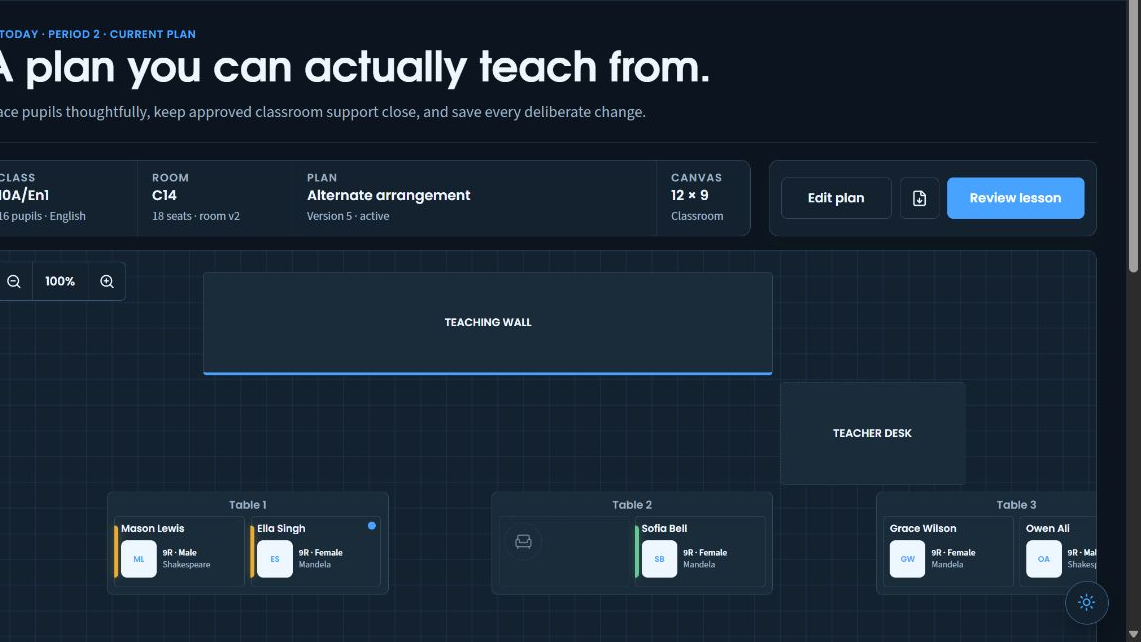 SitRep dark-mode teacher view showing an active seating plan.