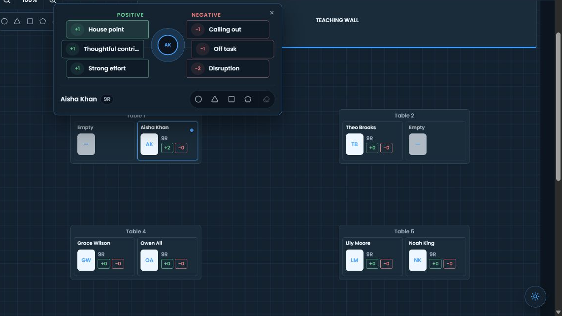 SitRep dark-mode live lesson with the six-action menu open over the seating plan.