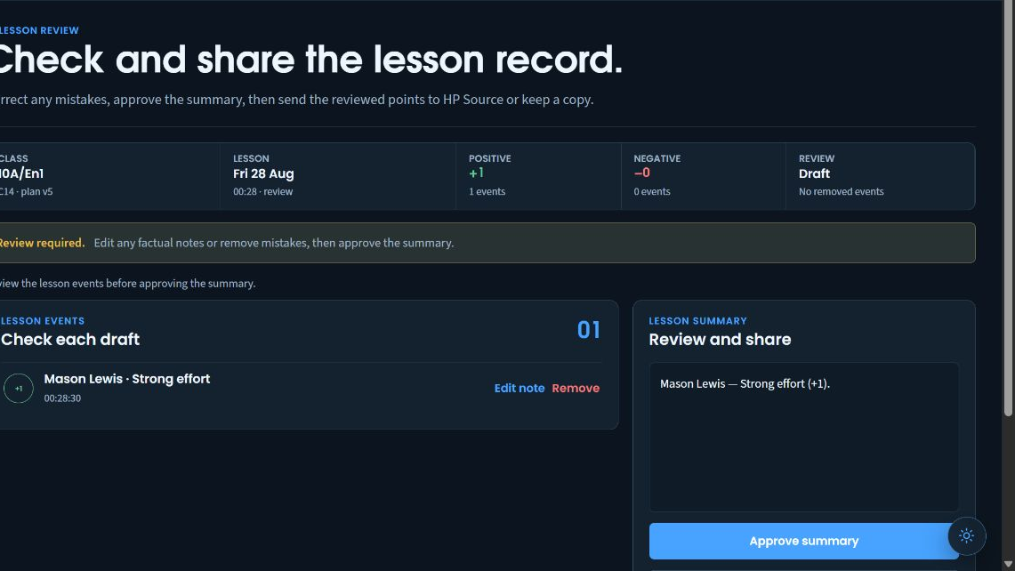 SitRep dark-mode lesson review with a draft event and approval control.