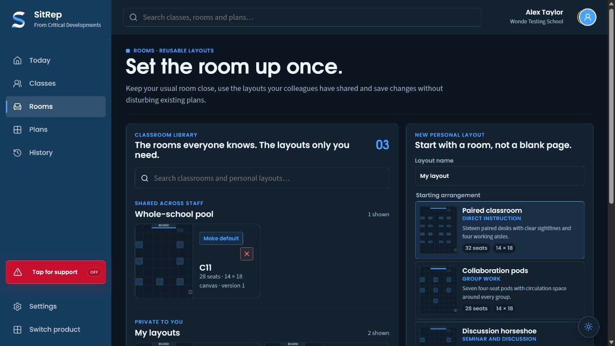 SitRep’s room library offers shared rooms and personal starting layouts.
