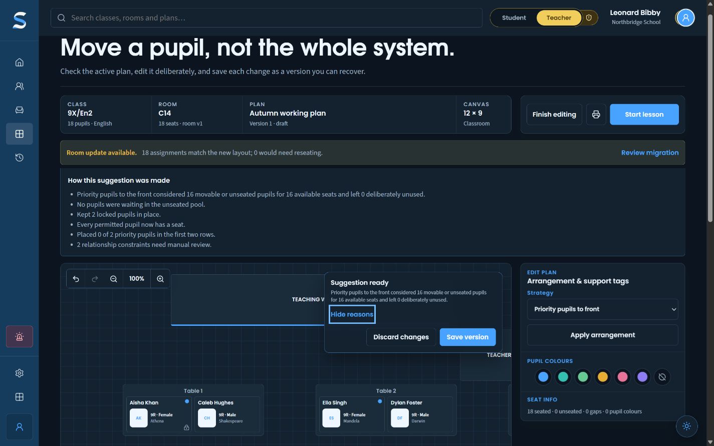 SitRep's readable dark-mode explanation listing the reasons behind the suggested arrangement.