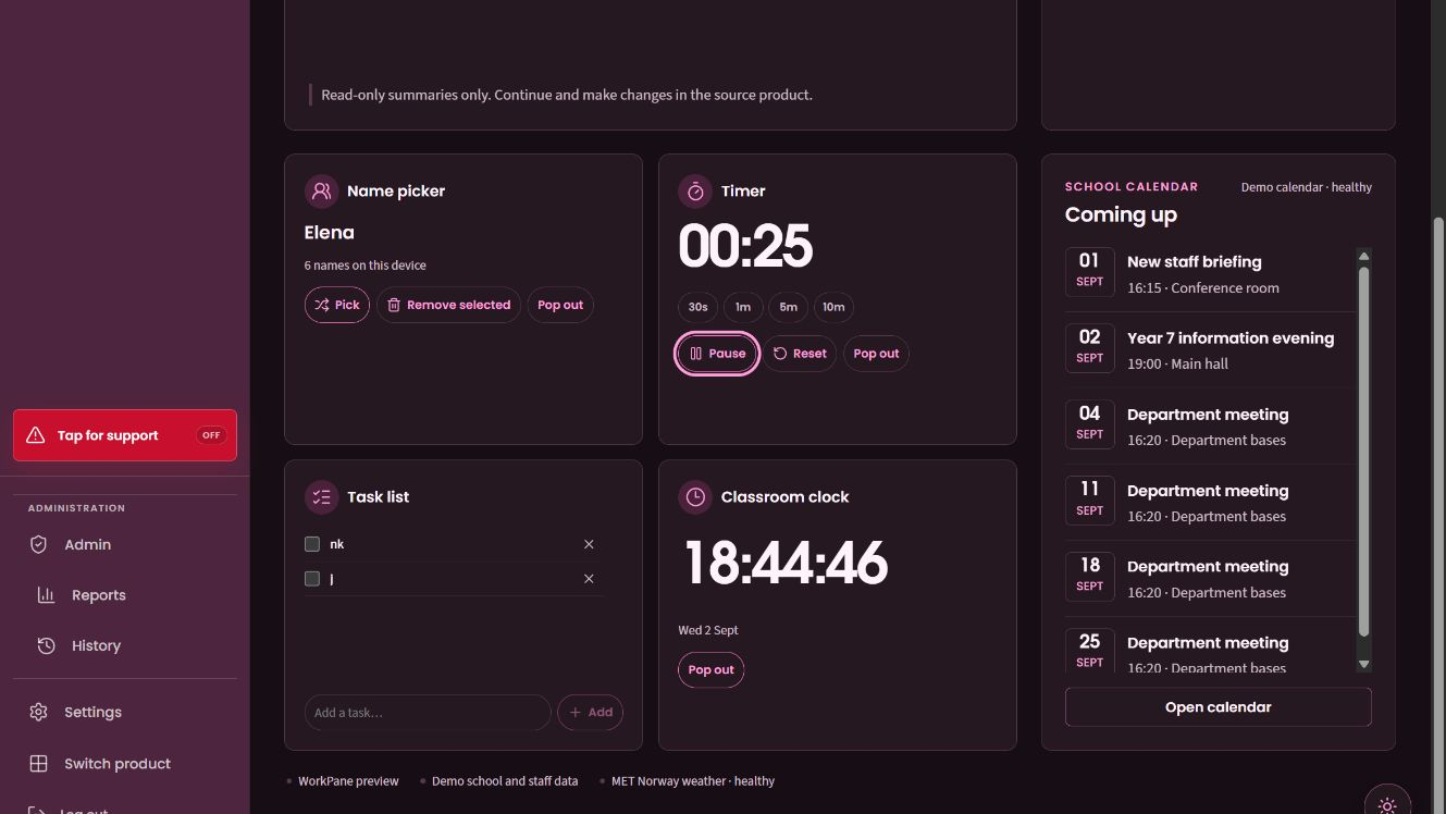 WorkPane dark-mode home showing a selected pupil, a running timer, tasks and the school calendar.