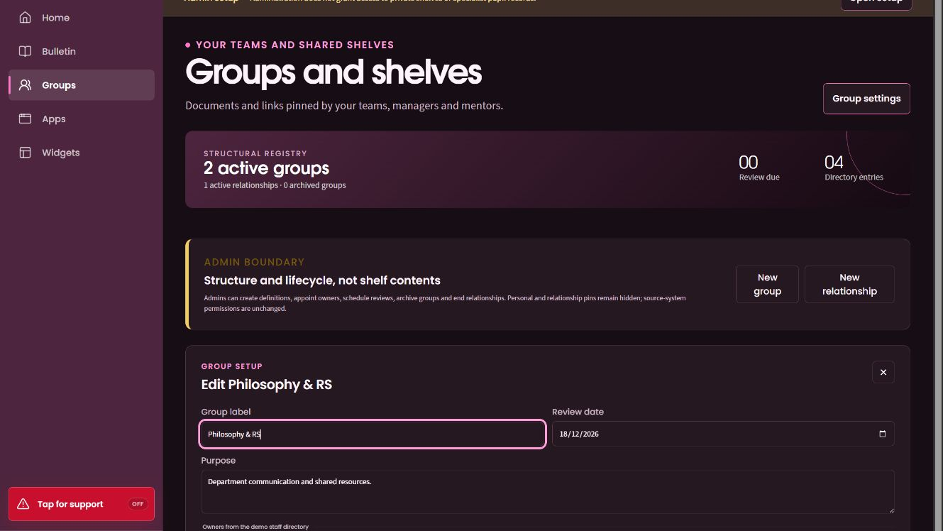 WorkPane dark-mode group editor with owner, review date and membership controls.