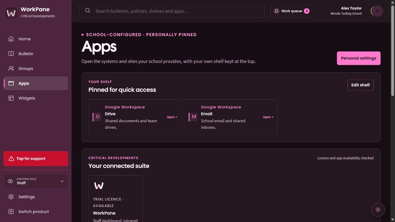 Personal app pins sit above the available connected suite.