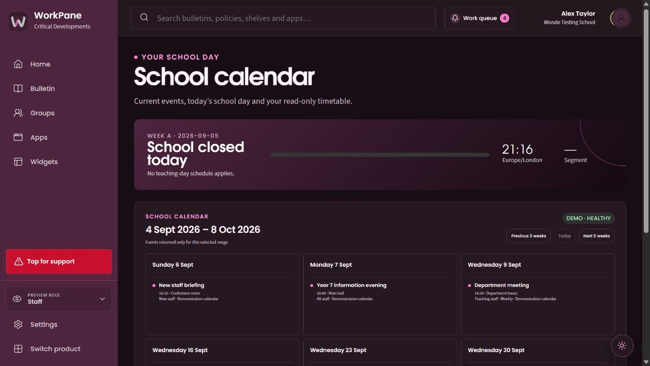 The demonstration school calendar shows dated briefings and recurring department meetings.