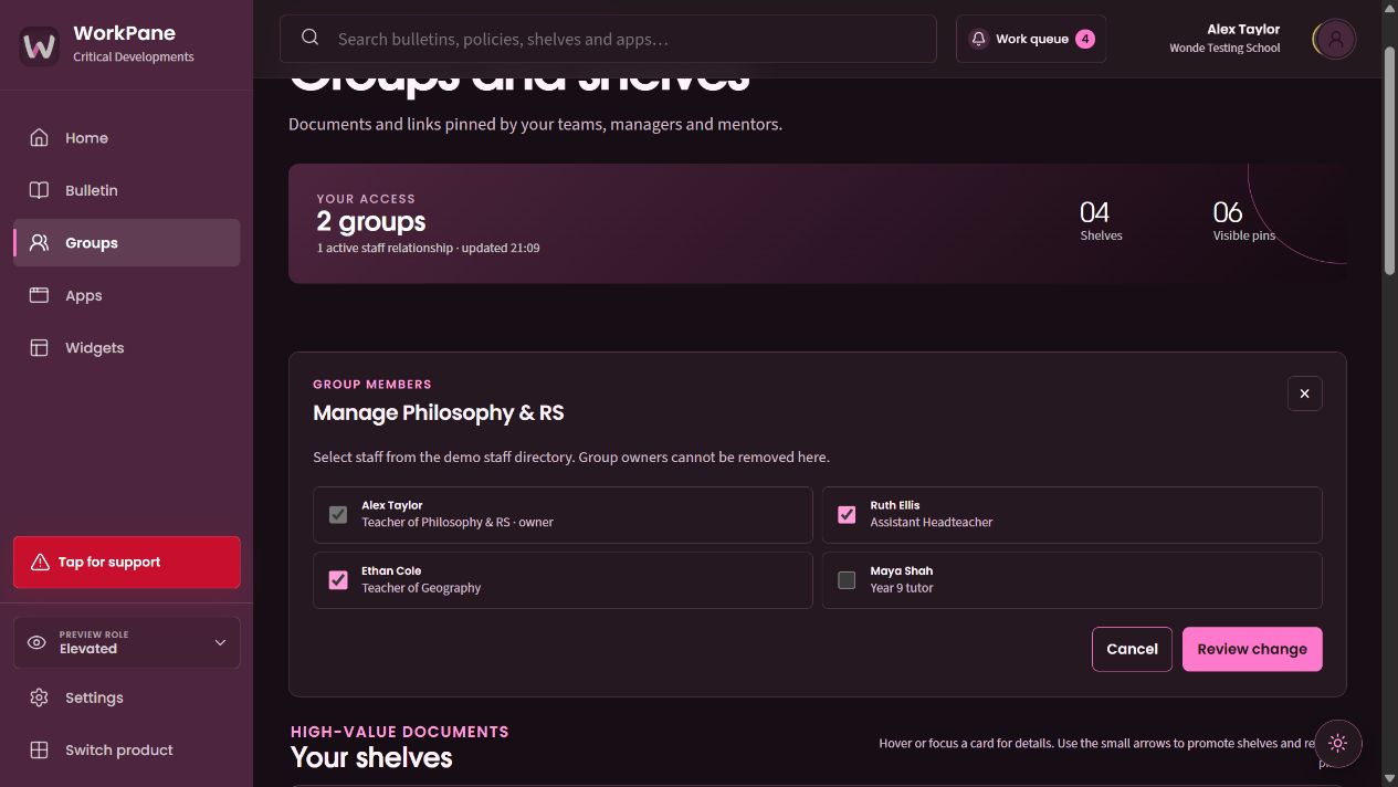 Group membership choices retain the owner and allow staff membership review.