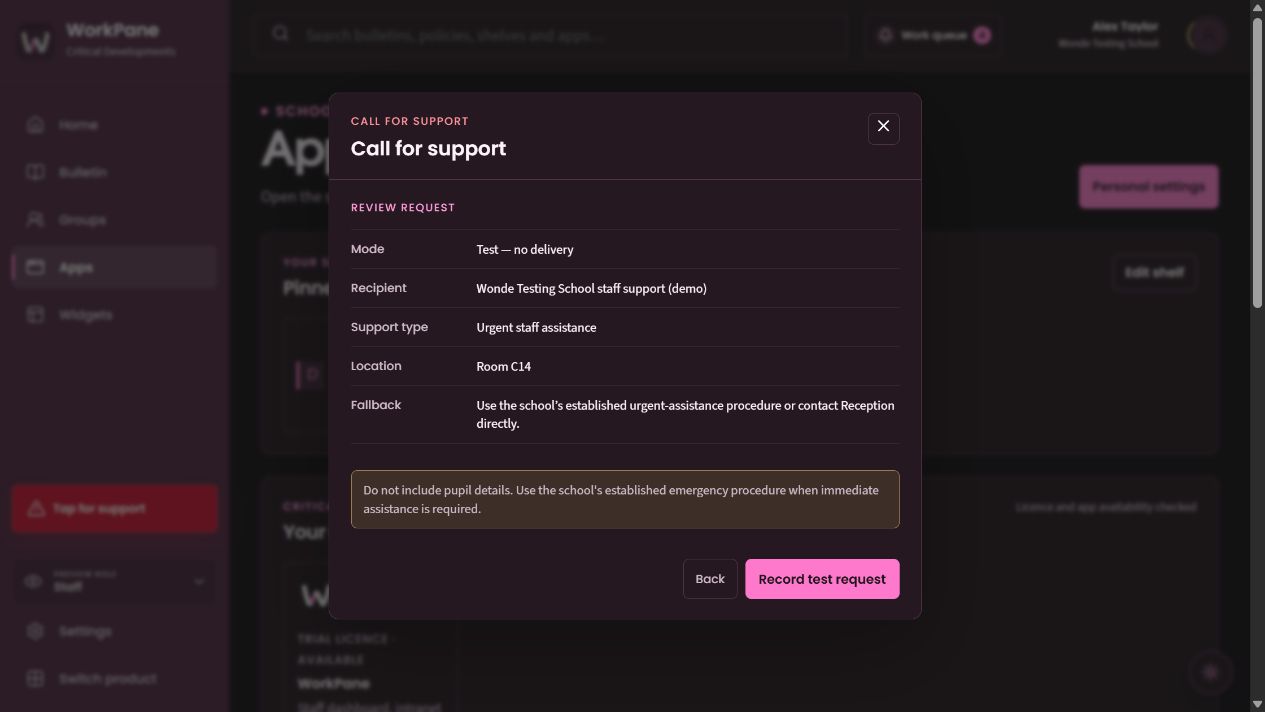 A test support request review identifies recipient, location and fallback.