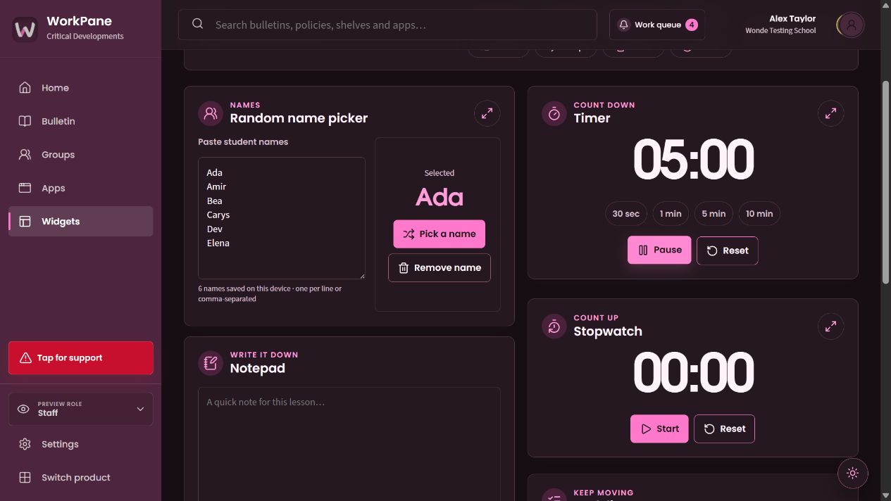 A selected pupil name, running timer and stopwatch in the tools workspace.
